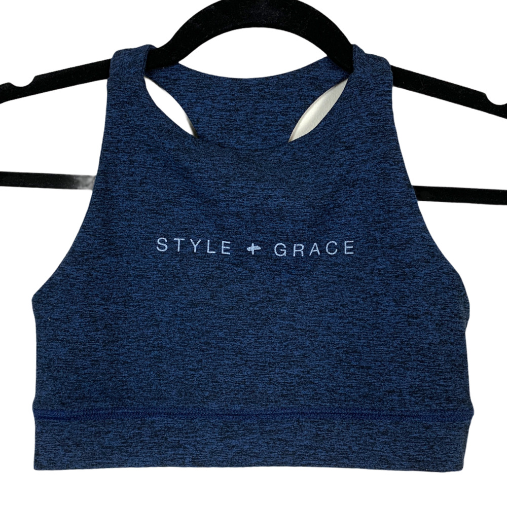 Style + Grace Navy Blue longline Sports Bra Top XS Cropped Yoga USA Good Fitness - Picture 2 of 5